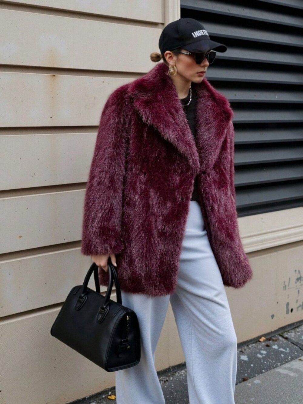 Burgundy Casual Women's Faux Fur teddy Warm Oversize Lapel Coat - Picture 8 of 10